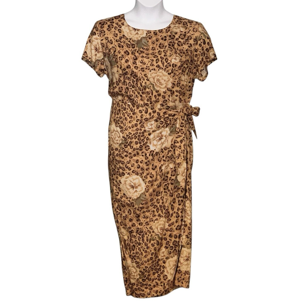 Vintage 80s B.T. Express Long Pencil Dress Size 14 Wrap Brown Animal Print Retro